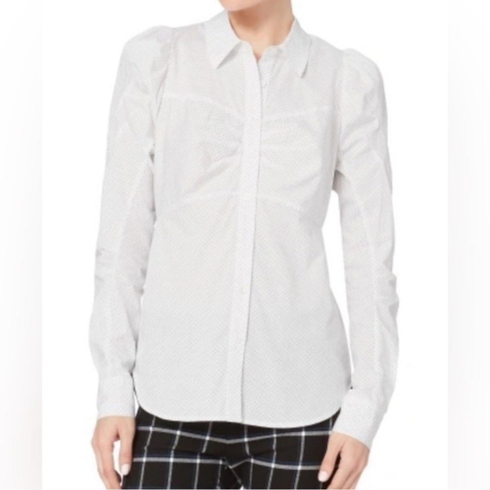 Veronica Beard Candice Pouf Sleeve Buttondown Shirt Polka Dot Print White Black - Picture 6 of 12